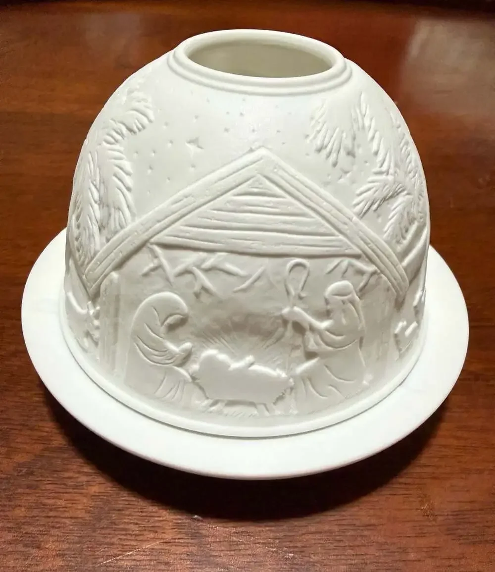 White Porcelain Nativity Scene Lithophane Tealight Candle Holder Lantern & Plate